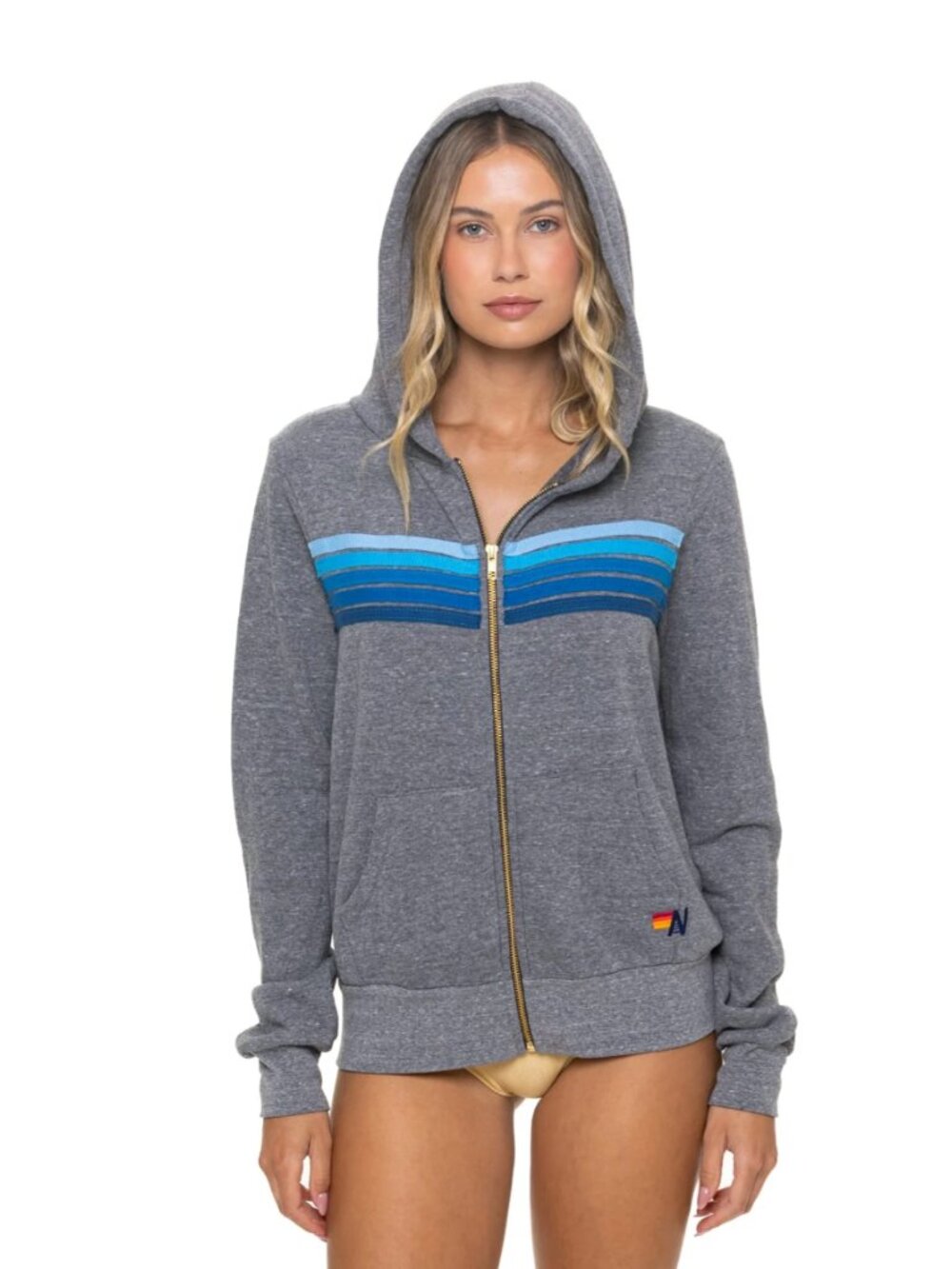 AVIATOR NATION 5 Stripe Hoodie in Heather Grey/Blue Sz L - NWT!